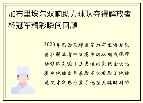 加布里埃尔双响助力球队夺得解放者杯冠军精彩瞬间回顾